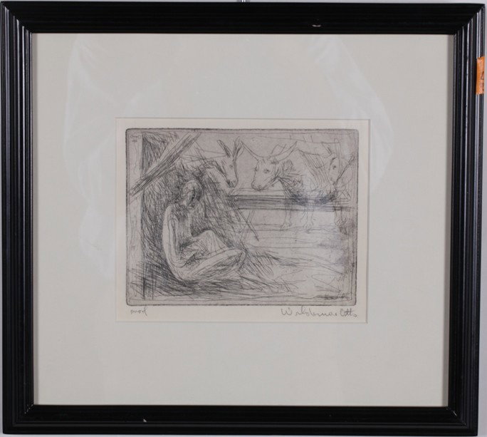 OTTO, WALDEMAR: (Born 1929 Polish) Interior scene with figure and animals, framed drypoint etching on paper, signed in pencil lower right, approximate image size 5 3/4'' x 7 1/2'', frame size 14 1/2'' x 16''.
