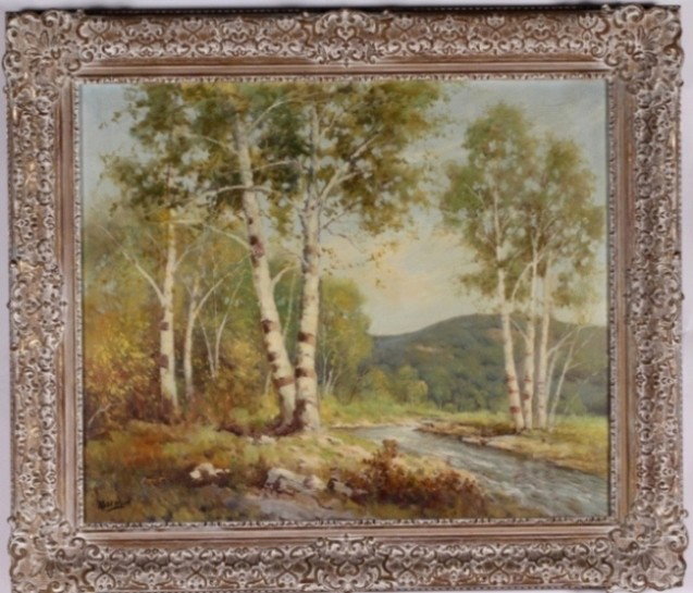 ***WOOD, ROBERT: (1889-1979 American) Landscape, framed oil on canvas, signed lower left, approximate image size 25'' x 30'', frame size 33'' x 38''.