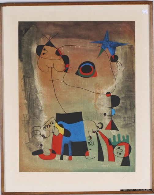 ***MIRO, JOAN: (1893-1983 Spanish) ''Le Chien Bleu'', framed colored aquatint etching on paper, signed in pencil lower right, numbered 97/300 in pencil lower left, approximate image size 24 1/8'' x 18 5/8'', frame s