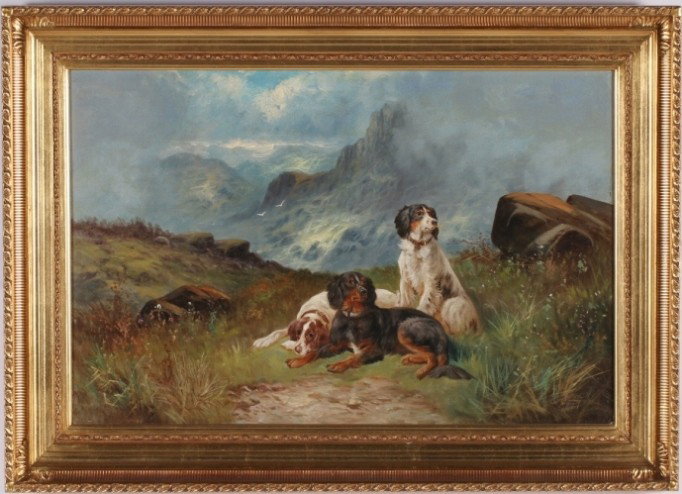 ***JOHNSON, SYDNEY YATES: (19th Century English) 3 Dogs in landscape, framed oil on canvas mounted to Masonite panel affixed to wooden stretcher bars, signed and dated 1897 lower right, approximate image size 20'' x 30'', fram