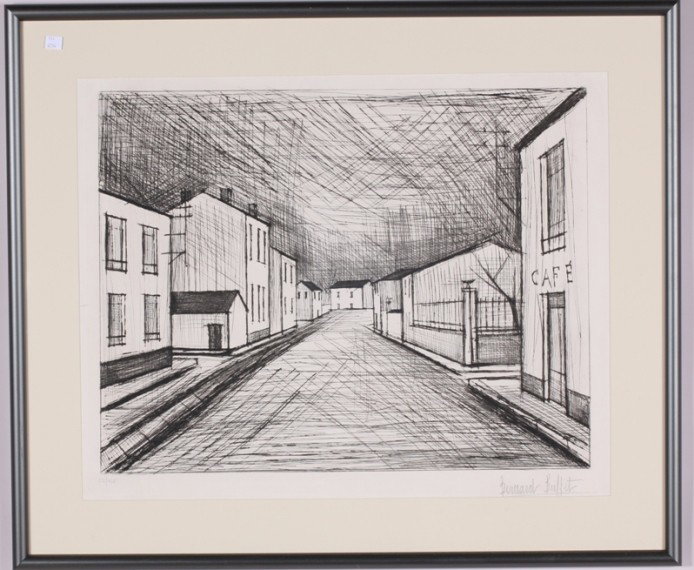 ***BUFFET, BERNARD: (Born 1928 French) ''La Rue, 1955'', framed drypoint etching on paper, signed in pencil lower right, numbered 125/125 in pencil lower left, approximate image size 20 1/2'' x 26'', frame size 29'' x 34
