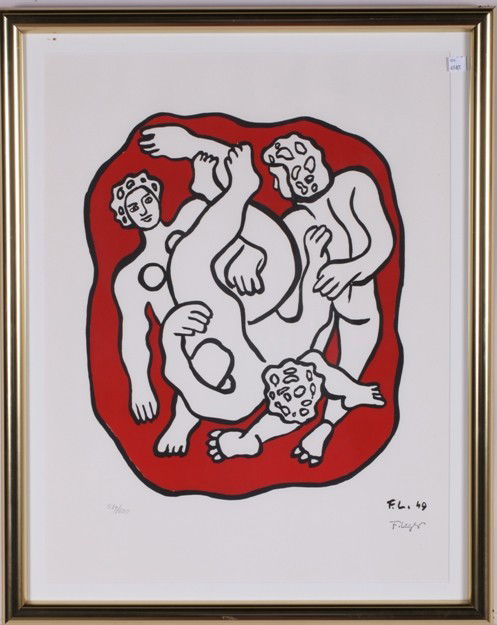 AFTER FERNAND LEGER: Contorted figures, framed lithograph on paper, from authorized limited edition at Musee Fernand Leger, Biot, bears signature stamp lower right, numbered 519/600 in pencil lower left, approximate image
