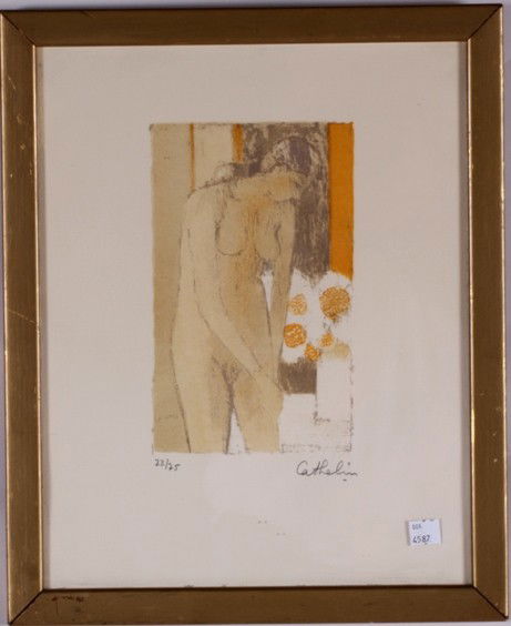 CATHELIN, BERNARD: (1919-2004 French) Nude, framed lithograph on paper, signed lower right, numbered 23/75 in pencil lower left, approximate image size 9'' x 5 1/2'', frame size 17'' x 14''.