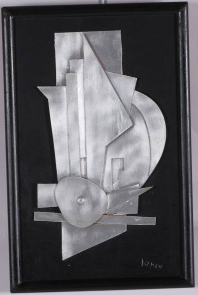 ***JANCO, MARCEL: (1895-1984 Romanian) Abstract, cut out aluminum hanging wall sculpture, housed in black wood frame, signed lower right, approximate sculpture size 13 3/4'' x 8 1/2'', frame size 15'' x 9 1/2''.