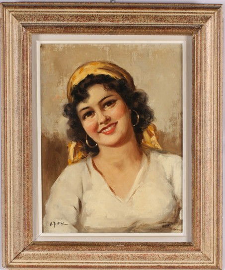 ***FRATTINI, ENRICO: (1890-1968 Italian) ''Portrait of Carmen'', framed oil on canvas, signed lower left, approximate image size 16'' x 12'', frame size 22'' x 18''.