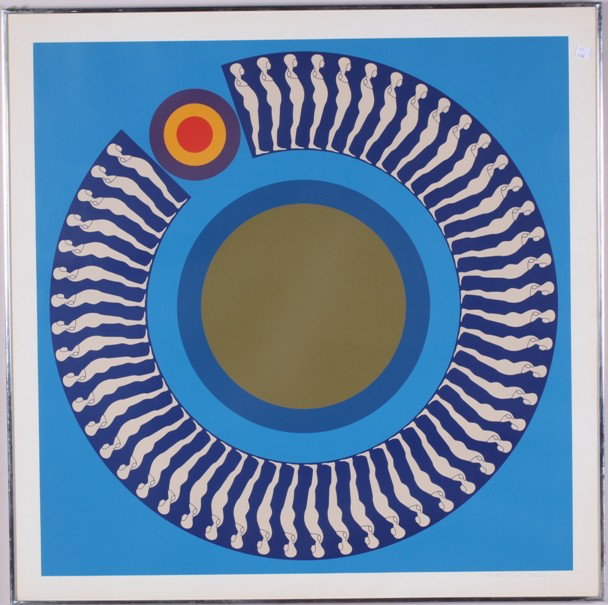 ***TROVA, ERNEST: (1927-2009 American) ''Figures and Circle of the Eye'', framed serigraph on paper, signed in pencil lower right, artist's proof, approximate image size 32'' x 32'', frame size 35'' x 35''.