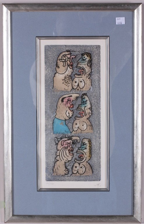 ***MATTA, ROBERTO: (1911-2002 Chilean) ''Six Faces'', framed colored aquatint etching on paper, signed lower right, numbered 24/150 in pencil lower left, approximate image size 12 3/4'' x 5'', frame size 21'' x 13''.