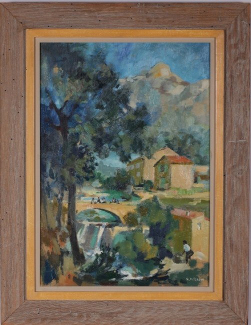 PLISSON, HENRI: (1908-2002 French) Village landscape with figures, framed oil on canvas, approximate image size 25'' x 17 1/2'', frame size 33'' x 25 1/2''.