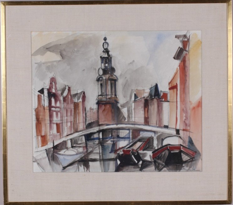 DESPIERRE, JACQUES CERIA: (1912-1955 French) ''Amsterdam'', framed ink and watercolor on paper, signed lower right, approximate image size 17 1/2'' x 21'', frame size 25 1/2'' x 28 1/2''.