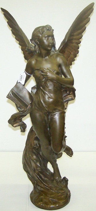 ***GERMAIN, JEAN BAPTISTE: (1845-1910 French) Bronze sculpture depicting winged angel holding le Pensee book, signed ''Germain ABT'', approximate height 32''.