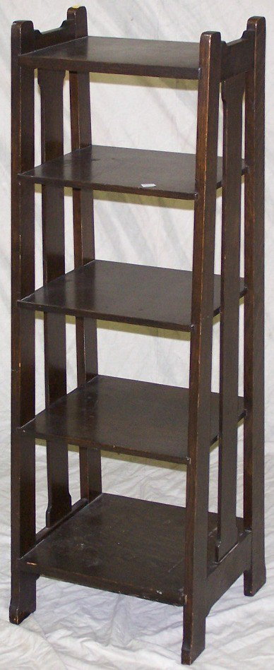 ***STICKLEY BROTHERS OPEN BOOKSHELF: Having 5 graduated shelves, having partial label on underside, approximate height 42'', width 13 3/4'', depth 10'' at top and 13 1/2'' at base.