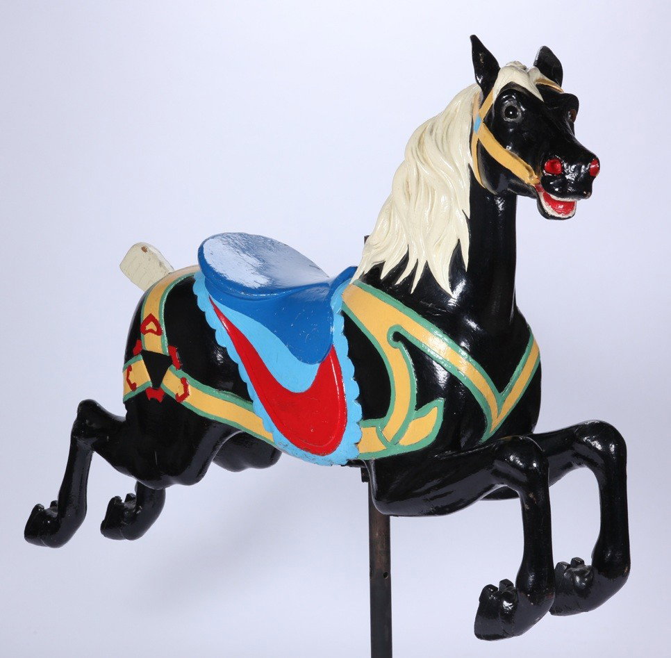***GUSTAV DENTZEL CARVED AND PAINTED CAROUSEL HO: ***GUSTAV DENTZEL CARVED AND PAINTED CAROUSEL HORSE| Raised on iron stand, approximate height 62".