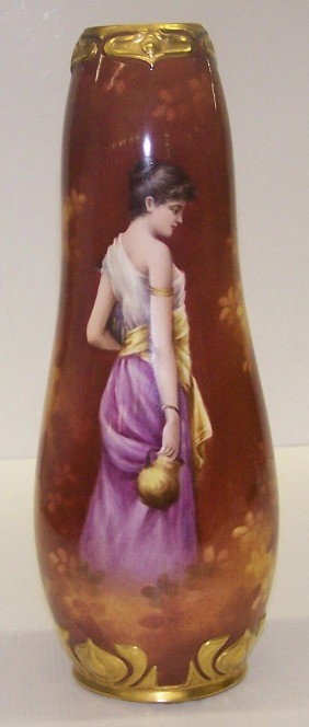 ***ROYAL BONN PORCELAIN VASE|: ***ROYAL BONN PORCELAIN VASE| Marked on underside and decorated with landscape and classical beauty holding jug, artist signed on side of vase and Royal Bonn mark on underside, approximate height 12 1