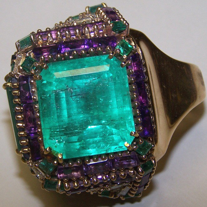 ***14K YELLOW GOLD, EMERALD, DIAMOND AND AMETHYS