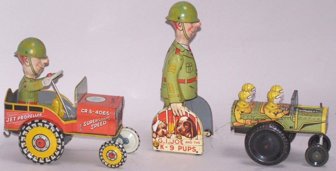 ***3 TIN WIND UP G.I. JOE TOYS: G.I. Joe Jouncing Jeep and G.I. Joe and the K-9 Pups by Unique Art Mfg. Co., and Jumpin Jeep by Marx.