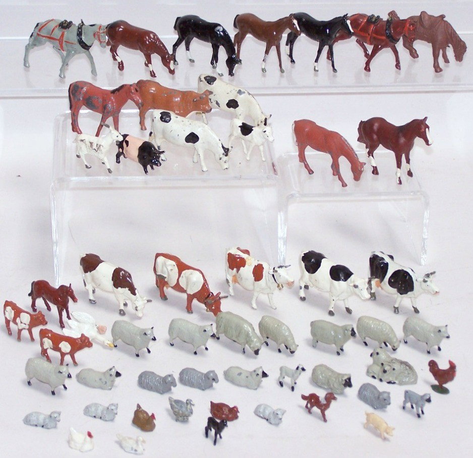 ***3 GROUPS OF LEAD ANIMAL FIGURES: Made by J. Hill Co., Timpo Toys, and others, including horses, pigs, cows, sheep, geese, etc.