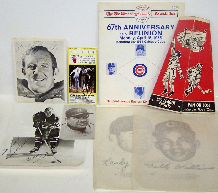 GROUP OF SPORTS MEMORABILIA: Including Bobby Hull signed photograph, Bob Lurtsema signed photograph, Billy Williams and Randy Hundley iron-ons, Cubs 67th Anniversary and Reunion Program, etc.
