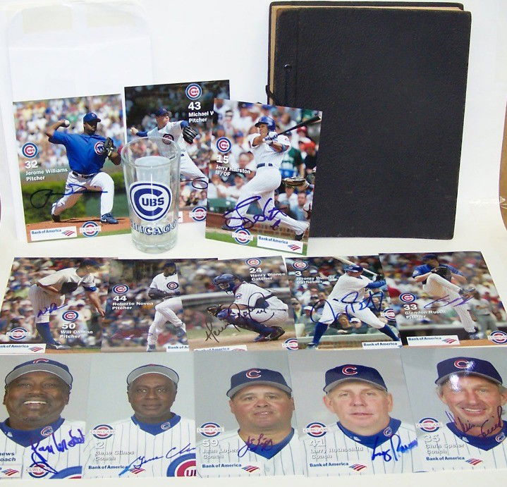 GROUP OF CHICAGO CUBS MEMORABILIA: Including scrapbook, glass and autographed photos of players and coaches, including Gary Matthews, Gene Clines, Juan Lopez, Larry Rothschild, Chris Speier, Jeromy Burnitz, Glendon Rusch, Michael Wuert