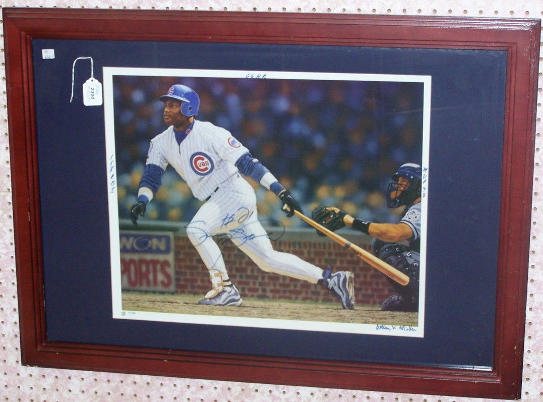 ***AUTOGRAPHED FRAMED PRINT: Sammy Sosa, artist signed lower right margin ''Miller,'' signed ''Sammy Sosa #21,'' in center, by Total Sports Concepts, 16/66, lower left margin reading ''158 RBI,'' upper margin ''66 HR,'' and right
