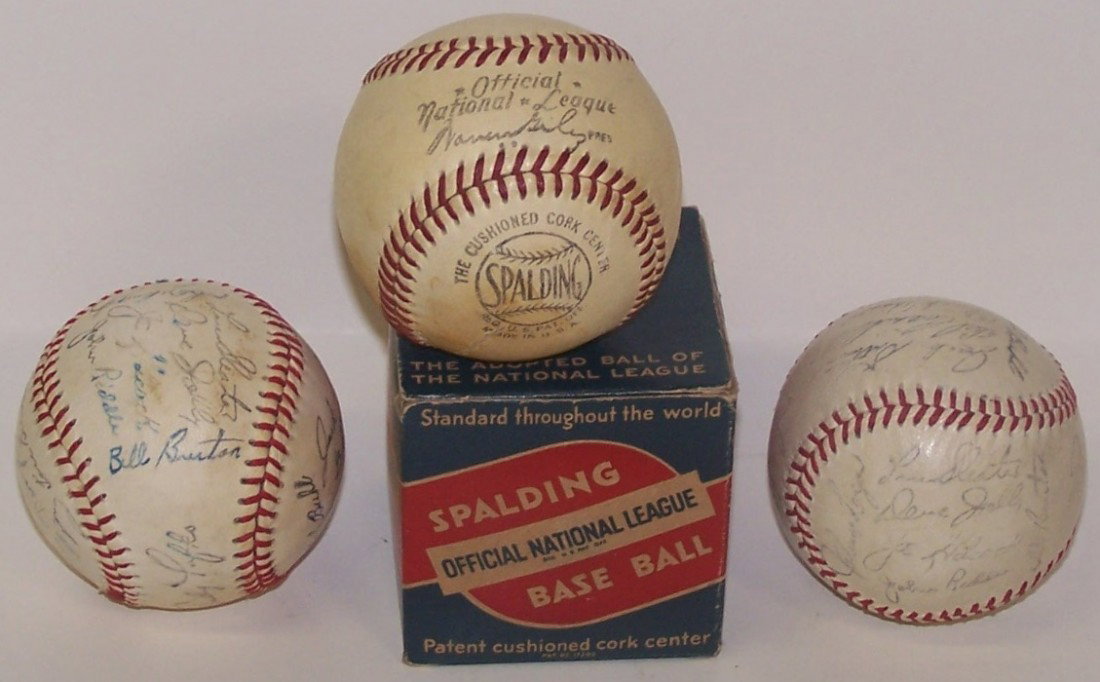 THREE BASEBALLS| 2 Milwaukee Braves auto-pen sig: THREE BASEBALLS| 2 Milwaukee Braves auto-pen signed balls and Spaulding baseball in original box.