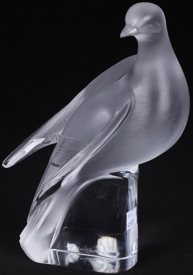 ***LALIQUE ART GLASS FIGURE: ''Charis,'' depicting dove, in clear and frosted glass, signed ''Lalique France,'' approximate height 10 1/4''.