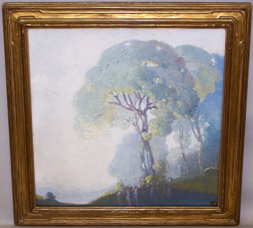 ***EMERSON, WILLIAM C.: (Born 1865 American) ''Enchantment,'' framed oil on board, artist's studio label on verso, approximate image size 24'' x 24'', frame size 29 1/2'' x 29 1/2''.