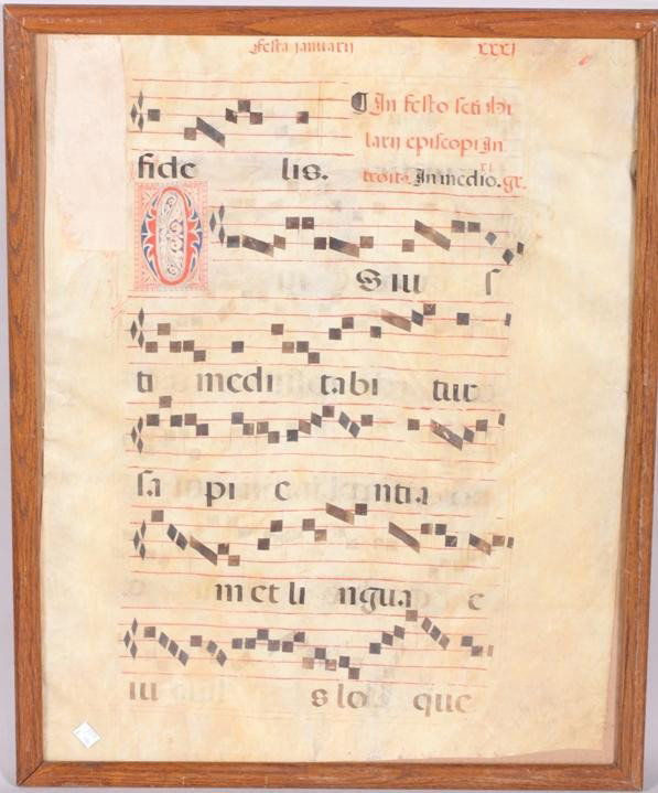 ***HAND ILLUMINATED PIECE OF ANTIQUE SHEET MUSIC: ***HAND ILLUMINATED PIECE OF ANTIQUE SHEET MUSIC| In Latin, framed, approximate sheet size 27 1/2" x 21 1/4".
