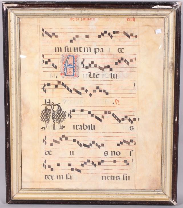 ***HAND ILLUMINATED PIECE OF ANTIQUE SHEET MUSIC: ***HAND ILLUMINATED PIECE OF ANTIQUE SHEET MUSIC| Framed, approximate sheet size 26 3/4" x 21", frame size 31" x 26".