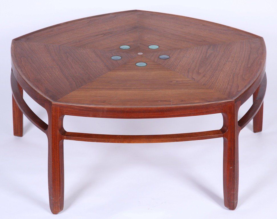 ***EDWARD WORMLEY / DUNBAR / NATZLER TABLE: The hexagonal top having 5 Natzler ceramic tile inserts, raised on multi-sided legs, approximate height 16 1/2'', width 38''.