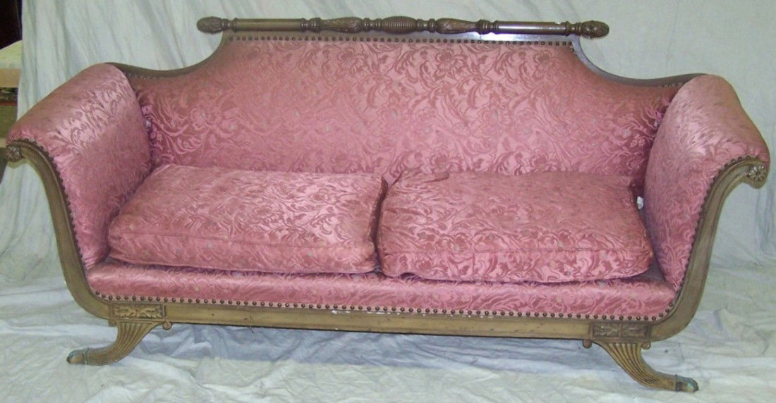 ***DUNCAN PHYFE STYLE SOFA: Having rose floral upholstery, scroll arms and heavily carved back, approximate height 32'', width 86'', depth 38''.