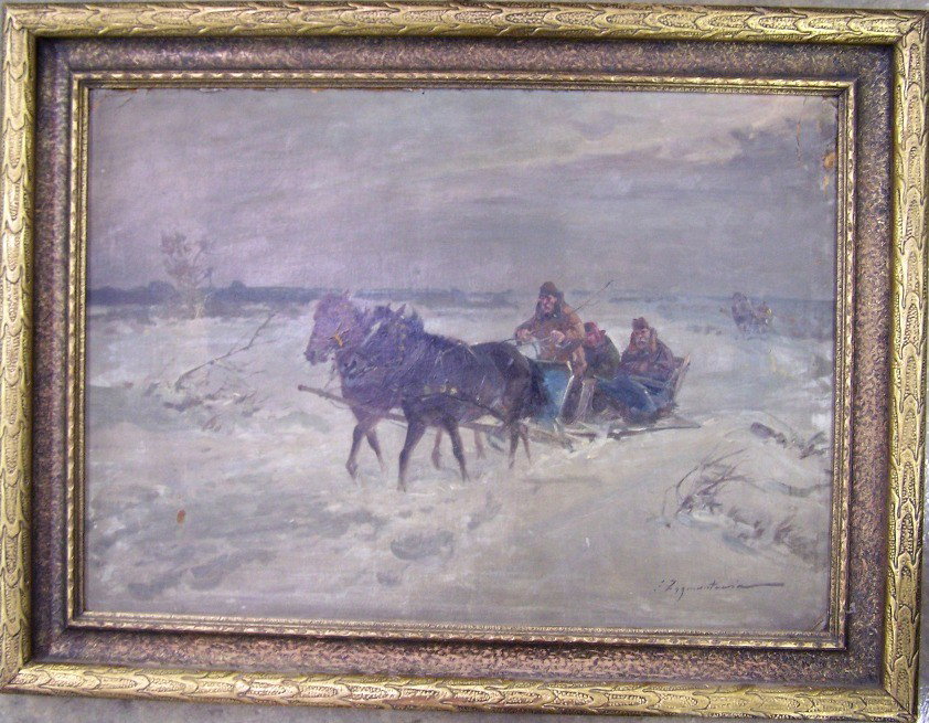 ***ZYGMUNTOWICZ, IGNACY| (1885-1932 Polish): ***ZYGMUNTOWICZ, IGNACY| (1885-1932 Polish) Sleds in winter landscape, framed oil on cardboard, signed lower right, approximate image size 19 3/4" x 27", with frame 25" x 33".