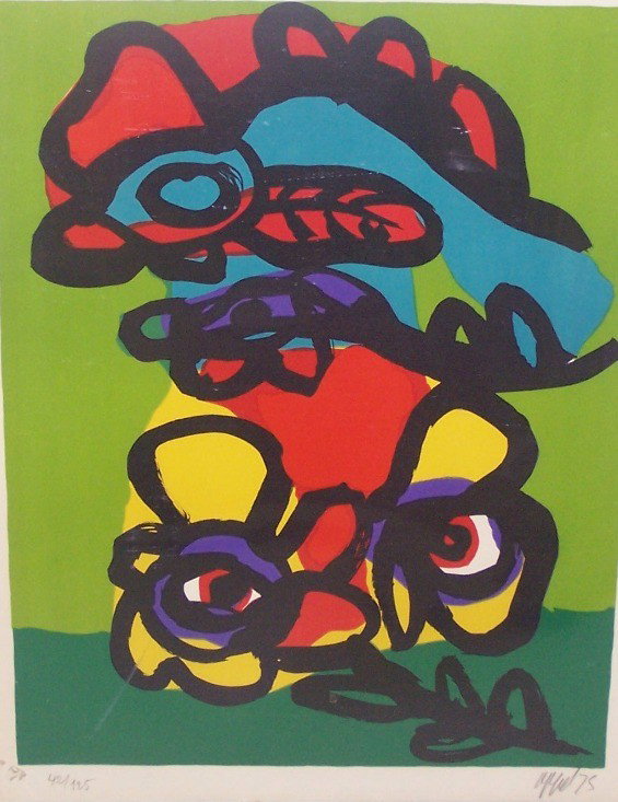 ***APPEL, KAREL| (Born 1921 Dutch) Abstract: ***APPEL, KAREL| (Born 1921 Dutch) Abstract, unframed lithograph on paper, signed and dated 1975 in pencil lower right, numbered 42/125 in pencil lower left, approximate image size 23 1/2" x 18", shee