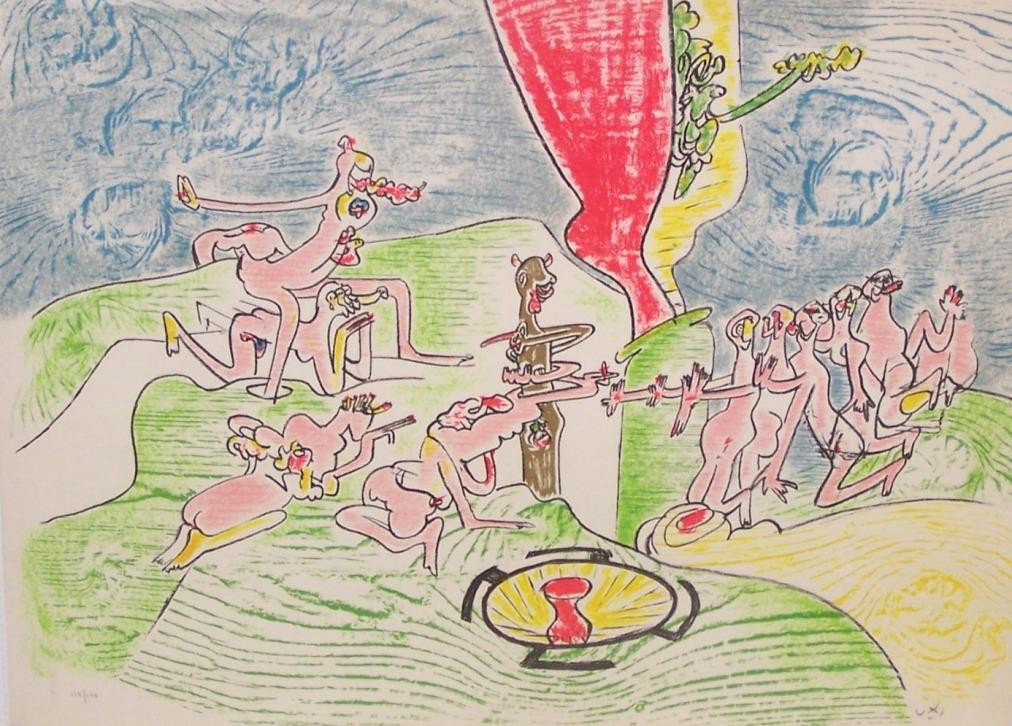 ***MATTA, ROBERTO| (Born 1911 Chilean) Figural la: ***MATTA, ROBERTO| (Born 1911 Chilean) Figural landscape, unframed colored lithograph on Arches paper, signed with monogram in pencil lower right, numbered 115/175 lower left, approximate sheet size 1