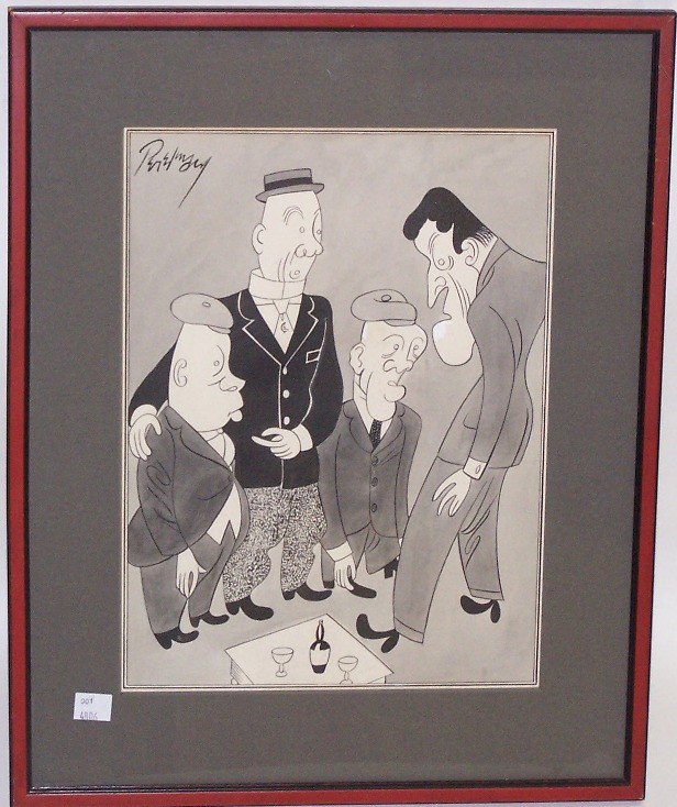 PERLMAN: (20th Century American) Illustration depicting figures in interior, framed ink and watercolor on paper, signed upper left, approximate image size 12 5/8'' x 9 3/8'', frame size 18 1/2'' x 15''.