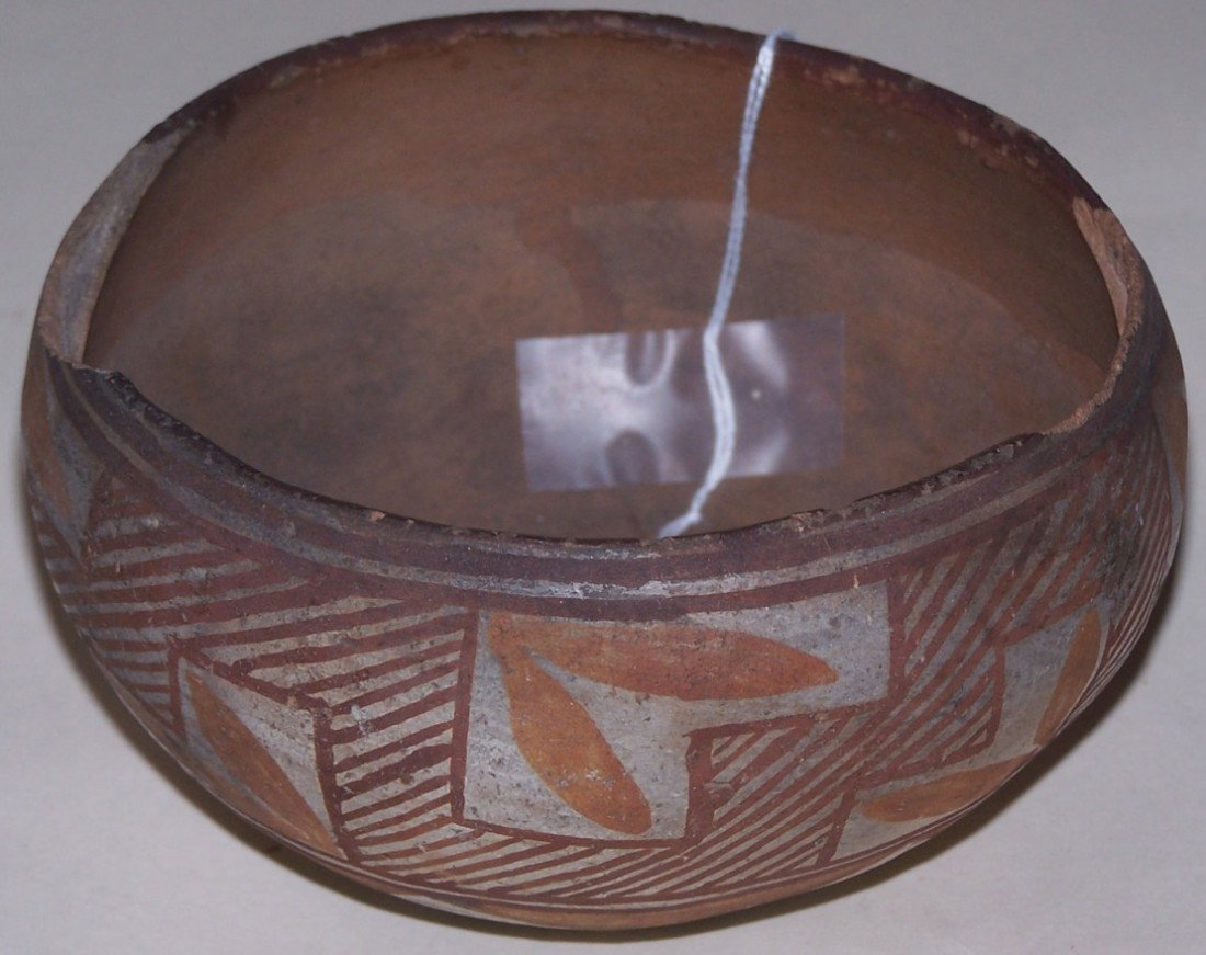 ***SANTA ANA POTTERY BOWL: Polychrome, painted with leaf and fine line design, approximate diameter 5 1/4'', height 3''.