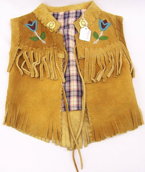 ***CHILD'S BUFFALO HIDE VEST: Beaded with flower and leaf design in colors of white, red, brown, green, blue and gold.