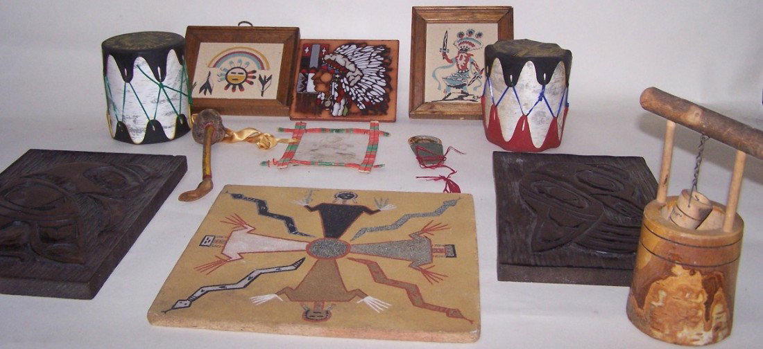 ***GROUP OF TWELVE MISCELLANEOUS ITEMS: 3 Sand paintings, 2 wood carved plaques, 2 toy drums, wishing well, framed photo, dance wand, etc.