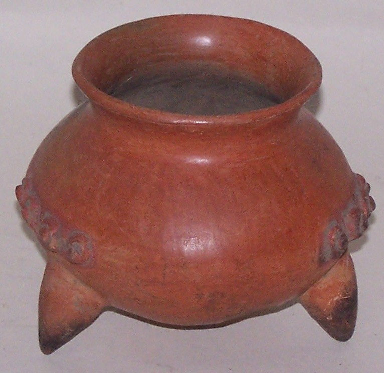 ***REDWARE POTTERY VESSEL: Three-legged bowl, approximate diameter 4 1/4'', height 3 1/2''.