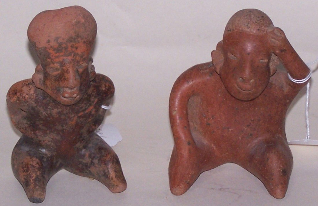 ***TWO REDWARE POTTERY VESSELS: Seated figure, approximate size 2 7/8'' x 5 1/2'' and 3 1/2'' x 4 1/2''.