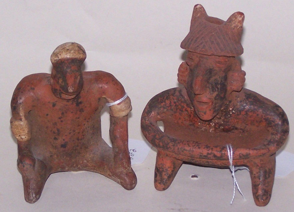 ***TWO REDWARE POTTERY VESSELS: Seated figure, approximate size 4 1/4'' x 5 1/2'' and 3 7/8'' x 5 1/2''.
