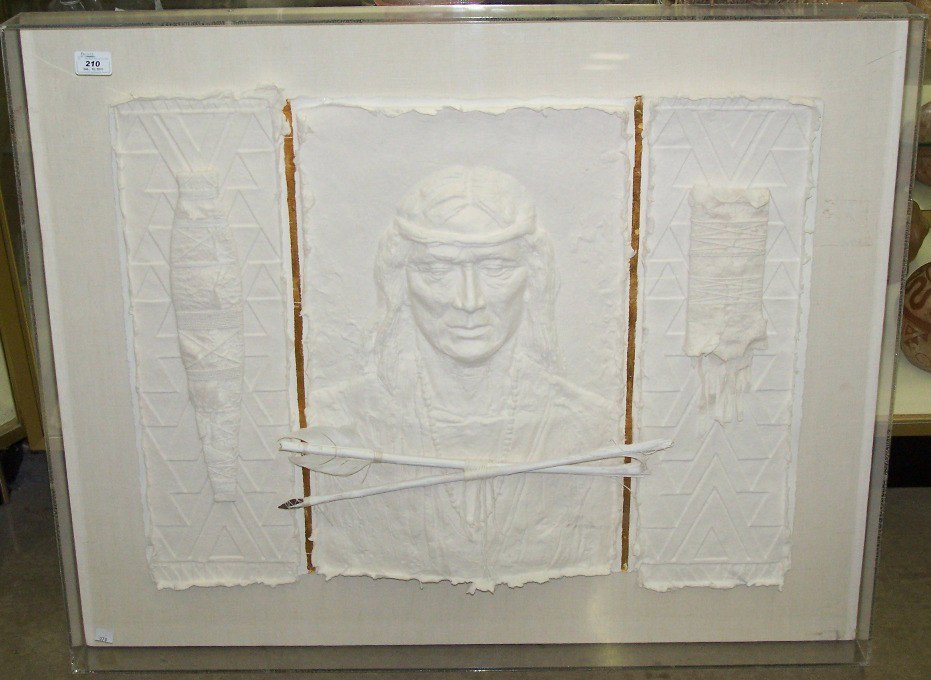 KERN, N.| Framed three dimensional work on paper: KERN, N.| Framed three dimensional work on paper, Native American with arrows, signed "N. Kern, numbered 11 Multiple Series 150", displayed in shadow box, approximate size 30 3/8" x 37 3/8".