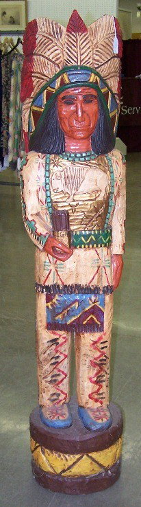 ***CONTEMPORARY WOODEN CIGAR STORE INDIAN: ***CONTEMPORARY WOODEN CIGAR STORE INDIAN| Signed "F. Gallagher", approximate height 60".
