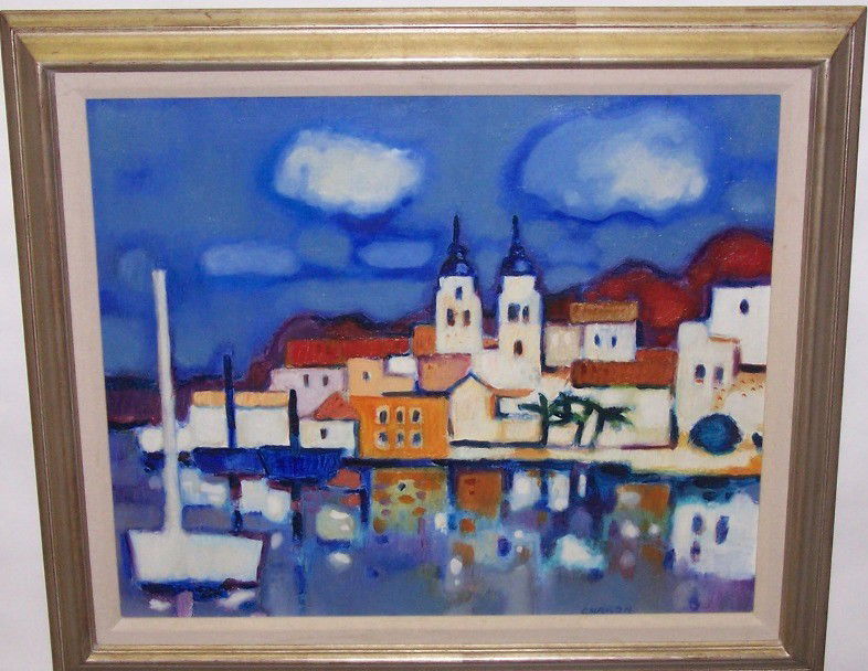 CHARON, GUY: (Born 1927 French) French coastal scene, framed oil on canvas, signed lower right, approximate image size 18 3/8'' x 22'', frame size 22 1/2'' x 26''.