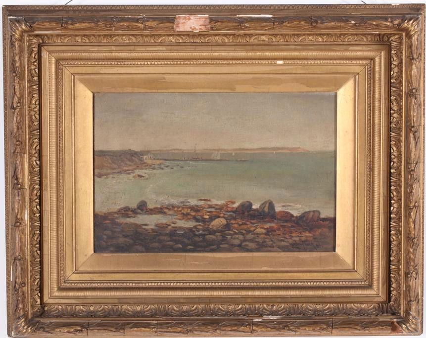WHITAKER, GEORGE WILLIAM: (1841-1916 American) ''Block Island'', framed oil on canvas, signed lower right, approximate image size 8'' x 12'', frame size 16'' x 20''.
