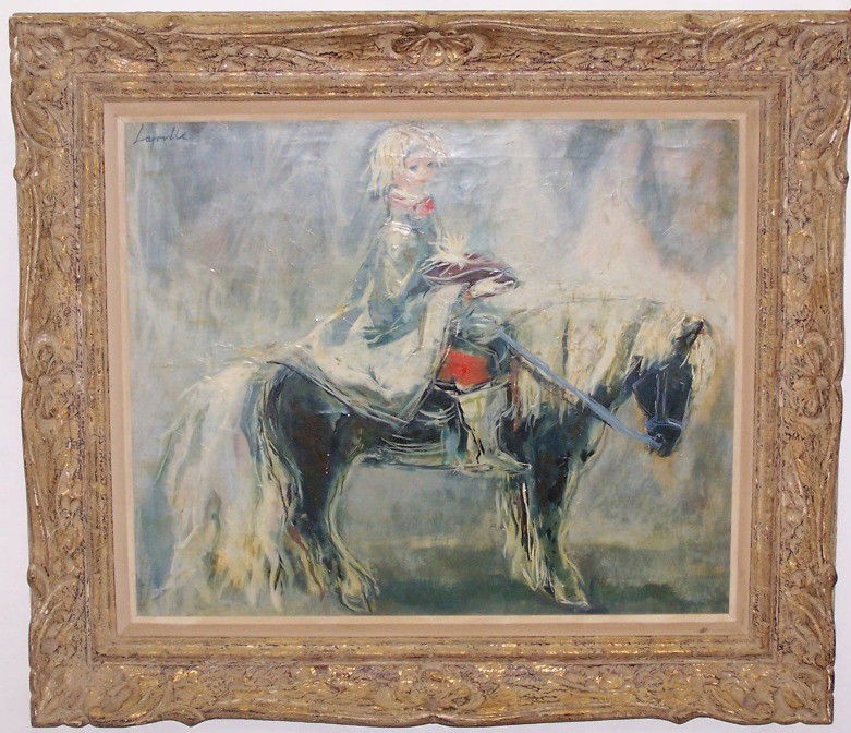 ***LAVILLE, JOY: (Born 1923 English) Girl with pony, framed oil on canvas, signed upper left, approximate image size 21'' x 25'', frame size 29'' x 33'', stretcher bars bear impressed stamp for Weiss Galleries of New