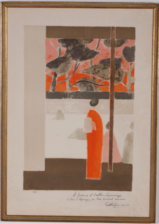 CATHELIN, BERNARD: (Born 1919 French) Japanese garden, framed lithograph, signed and dedicated lower right, from artist's proof edition, approximate image size 23'' x 15 1/2'', frame size 31'' x 22''.