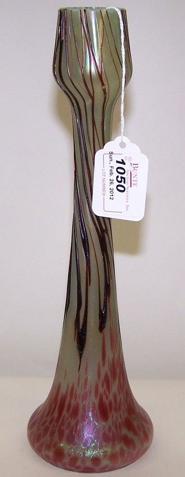 ***LOETZ ART GLASS VASE: Having red to green to purple oil spot and stringing decoration, approximate height 11 1/4''.