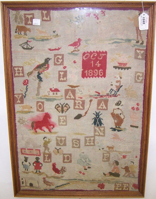 ***19TH C. SAMPLER: Decorated with figures and animals, approximate image size 22 3/4'' x 15 1/4'', frame size 24 1/2'' x 17''.