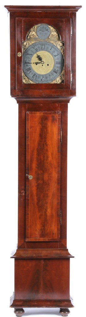 EARLY 19TH C. LONG CASE CLOCK: Fitted with ?, enclosed in mahogany case, having flat molded cornice, approximate height 86'', width 20 1/2'', depth 10''.