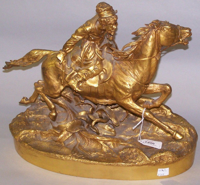 ***GRACHEV, VASILLY| (19th Century Russian) Rider: ***GRACHEV, VASILLY| (19th Century Russian) Rider on horseback, bronze sculpture with dore finish, approximate height 13 3/4", width 9 3/8", length 15 7/8", produced by C.F. Woerffel of St. Petersbour